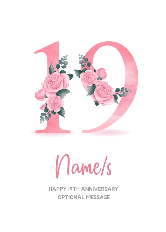 19th Anniversary Card for Wife Husband - Floral Number 19