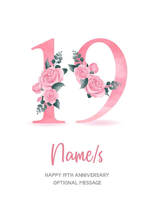 19th Anniversary Card for Wife Husband - Floral Number 19