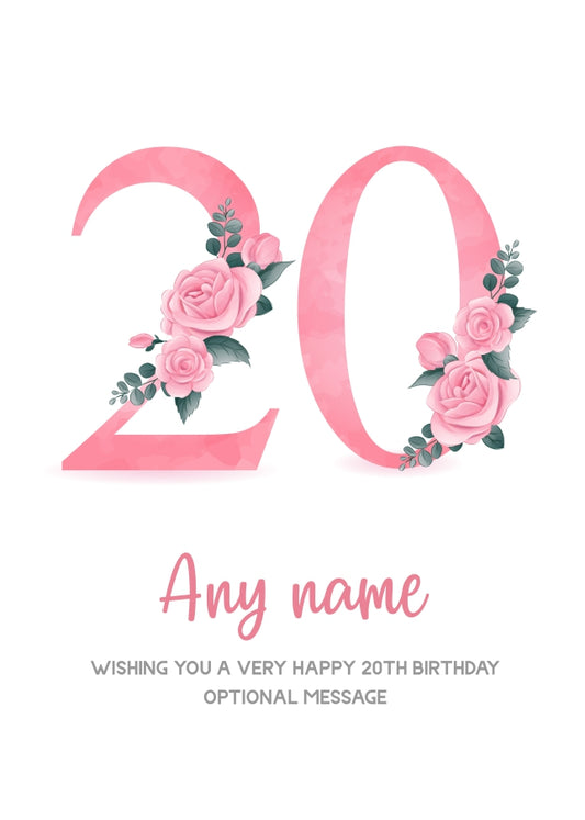 Personalised 20th Birthday Card for Women - Floral Greeting Cards