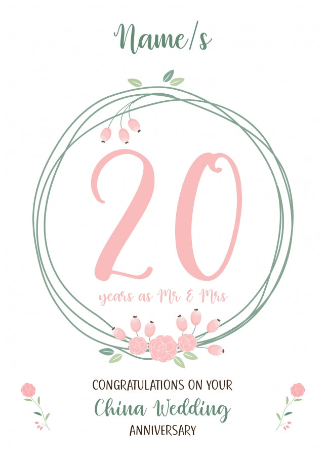 Couples 20th Wedding Anniversary Card - Twentieth China - Floral