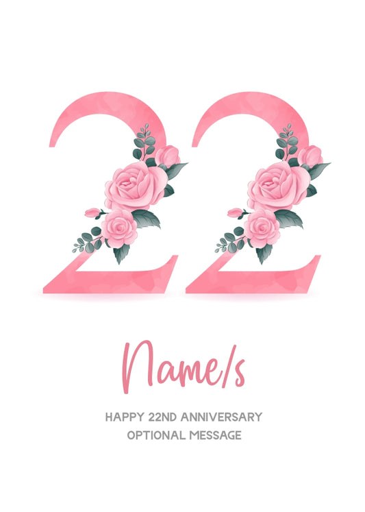 22nd Anniversary Card for Wife Husband - Floral Number 22