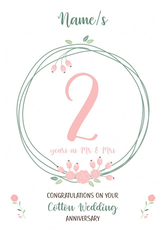 Couples 2nd Wedding Anniversary Card - Second Cotton - Floral