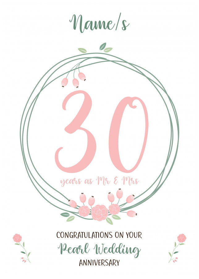 Couples 30th Wedding Anniversary Card - Thirtieth Pearl - Floral