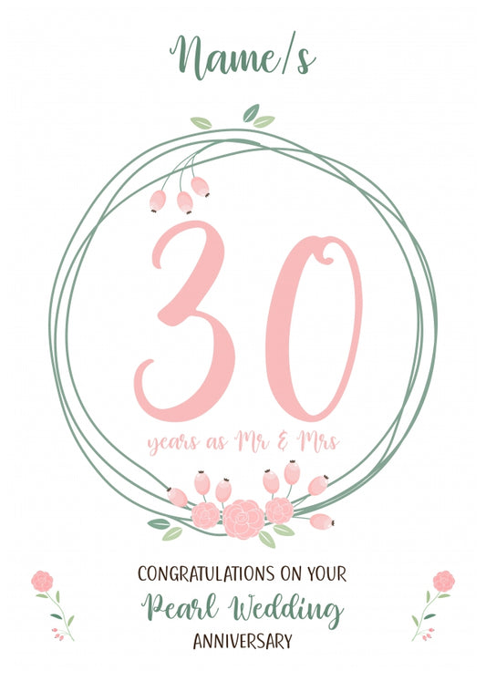 Couples 30th Wedding Anniversary Card - Thirtieth Pearl - Floral