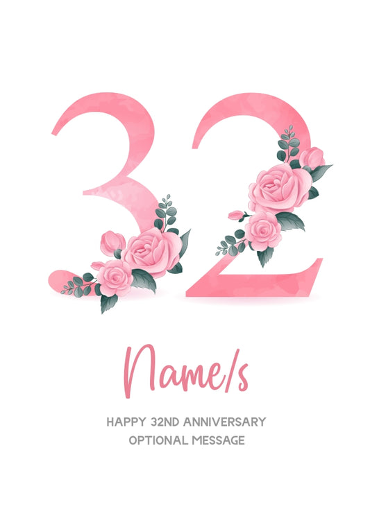 32nd Anniversary Card for Wife Husband - Floral Number 32