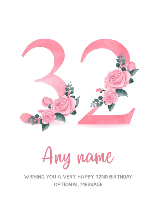 Personalised 32nd Birthday Card for Women - Floral Greeting Cards