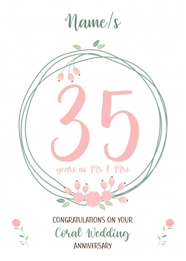 Couples 35th Wedding Anniversary Card - Thirty Fifth / Coral - Floral