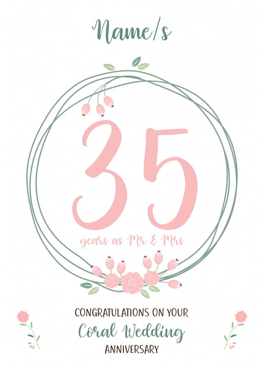 Couples 35th Wedding Anniversary Card - Thirty Fifth / Coral - Floral