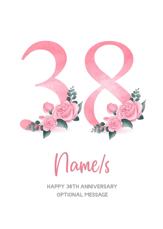 38th Anniversary Card for Wife Husband - Floral Number 38