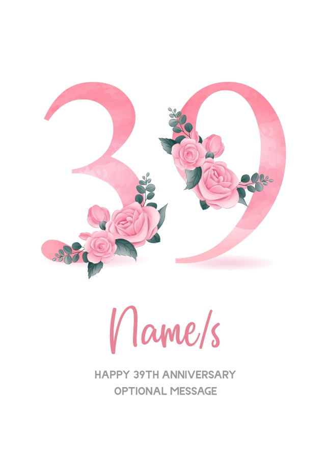 39th Anniversary Card for Wife Husband - Floral Number 39