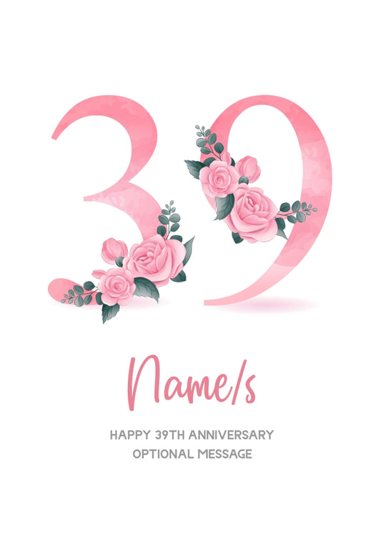 39th Anniversary Card for Wife Husband - Floral Number 39