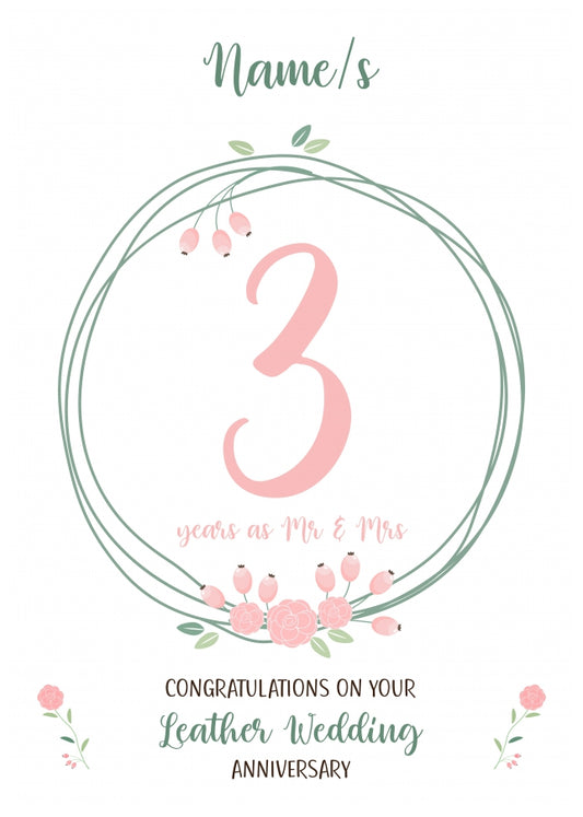 Couples 3rd Wedding Anniversary Card - Third / Leather - Floral