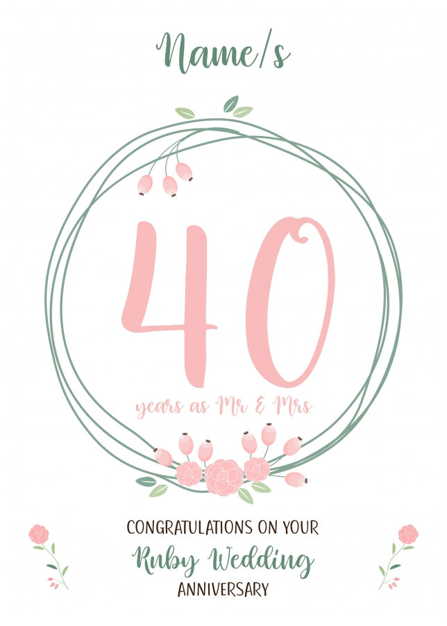 Couples 40th Wedding Anniversary Card - Fortieth / Ruby - Floral