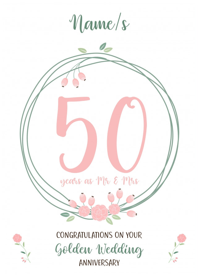 Couples 50th Wedding Anniversary Card - Fiftieth Golden - Floral