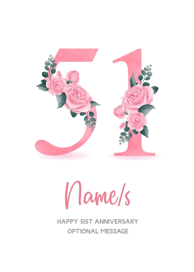 51st Anniversary Card for Wife Husband - Floral Number 51