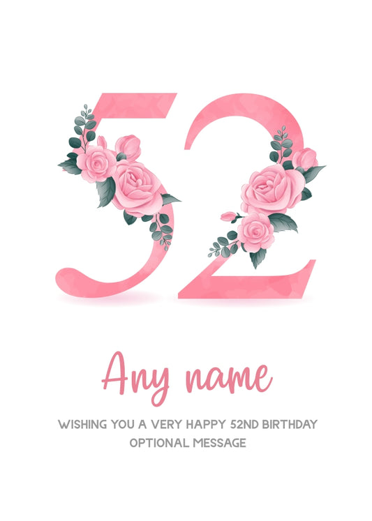 Personalised 52nd Birthday Card for Women - Floral Greeting Cards