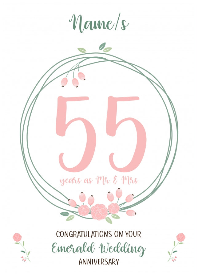 Couples 55th Wedding Anniversary Card - Emerald - Floral