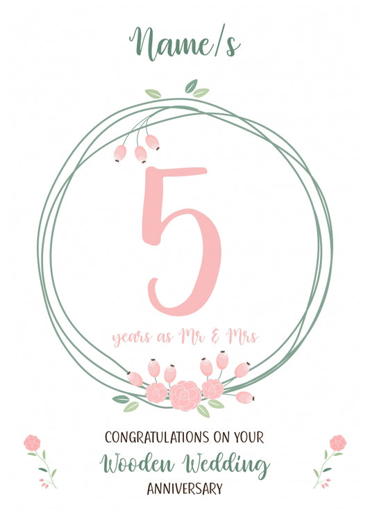 Couples 5th Wedding Anniversary Card - Fifth / Wooden - Floral