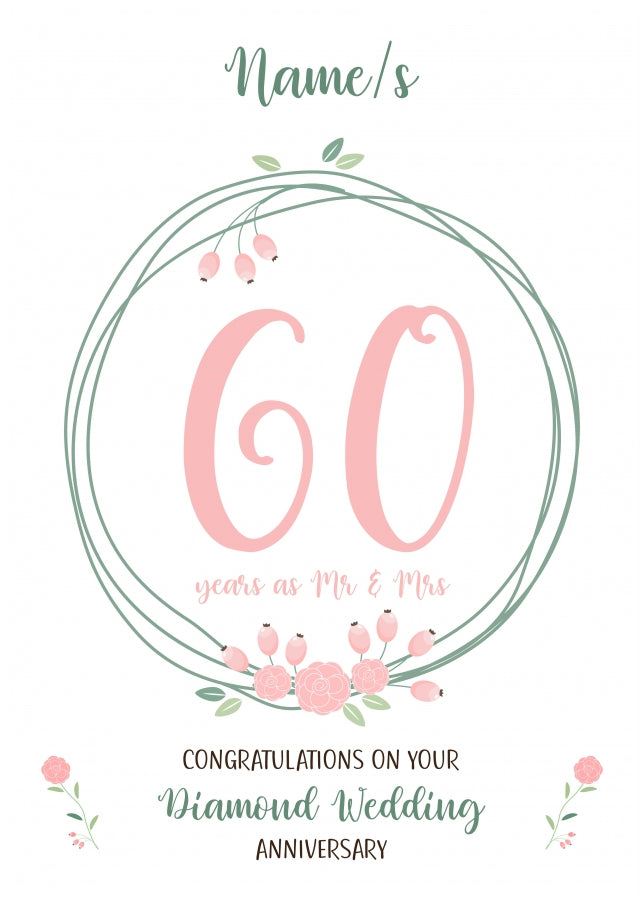 Couples 60th Wedding Anniversary Card - Diamond - Floral