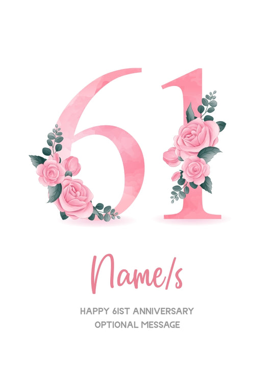 61st Anniversary Card for Wife Husband - Floral Number 61