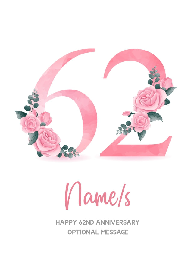 62nd Anniversary Card for Wife Husband - Floral Number 62