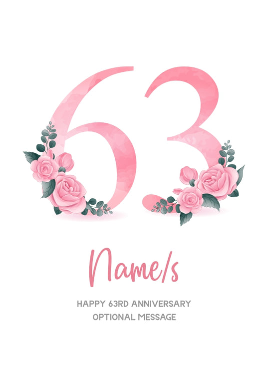 63rd Anniversary Card for Wife Husband - Floral Number 63