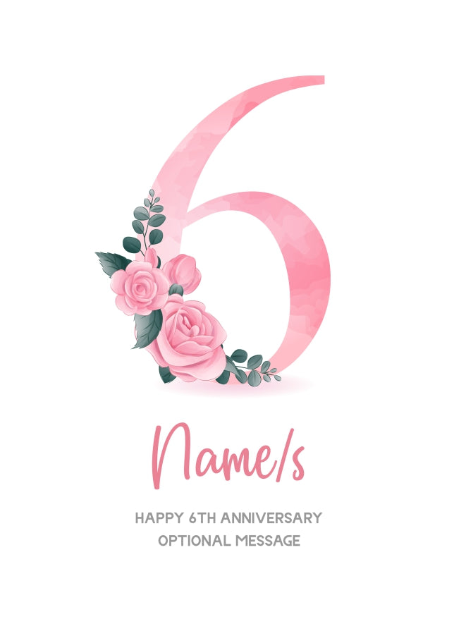 6th Anniversary Card for Wife Husband - Floral Number 6