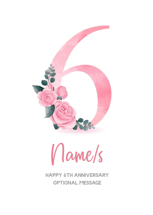 6th Anniversary Card for Wife Husband - Floral Number 6