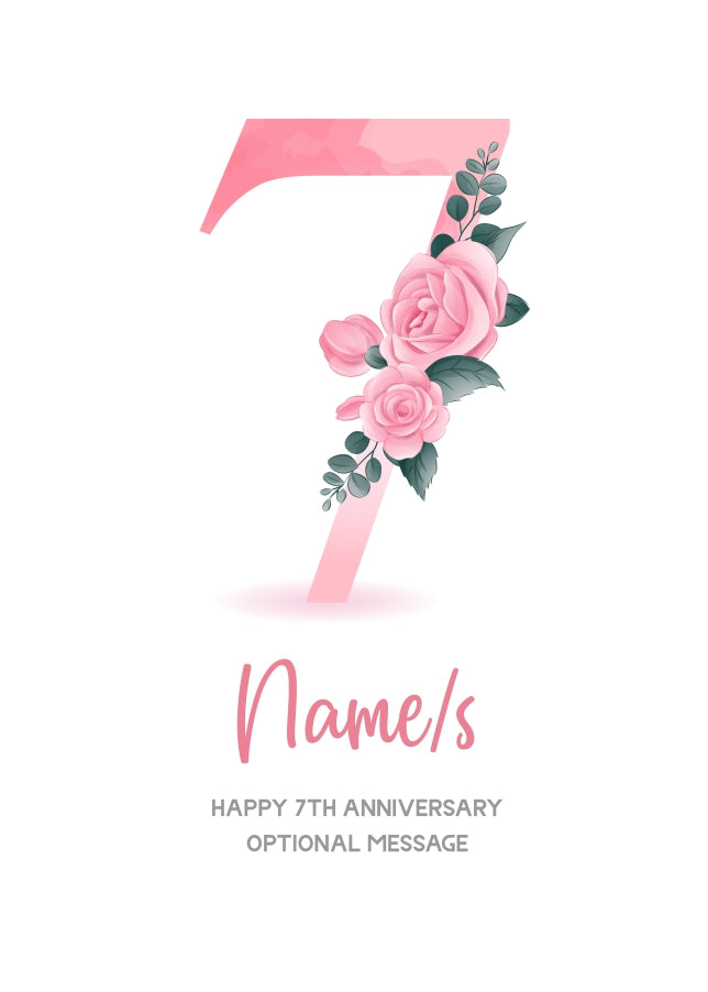 7th Anniversary Card for Wife Husband - Floral Number 7