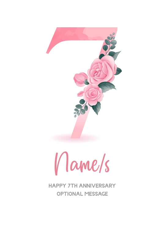 7th Anniversary Card for Wife Husband - Floral Number 7