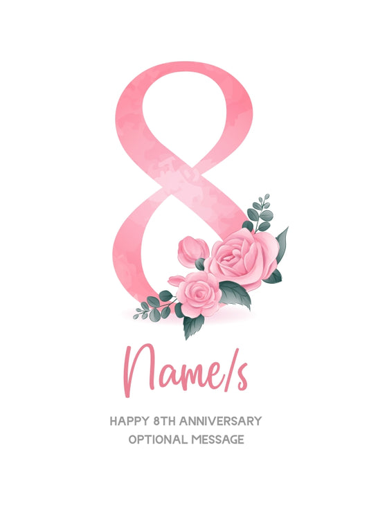 8th Anniversary Card for Wife Husband - Floral Number 8