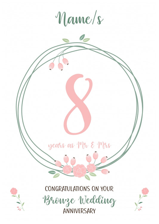 Couples 8th Wedding Anniversary Card - Eighth Bronze - Floral