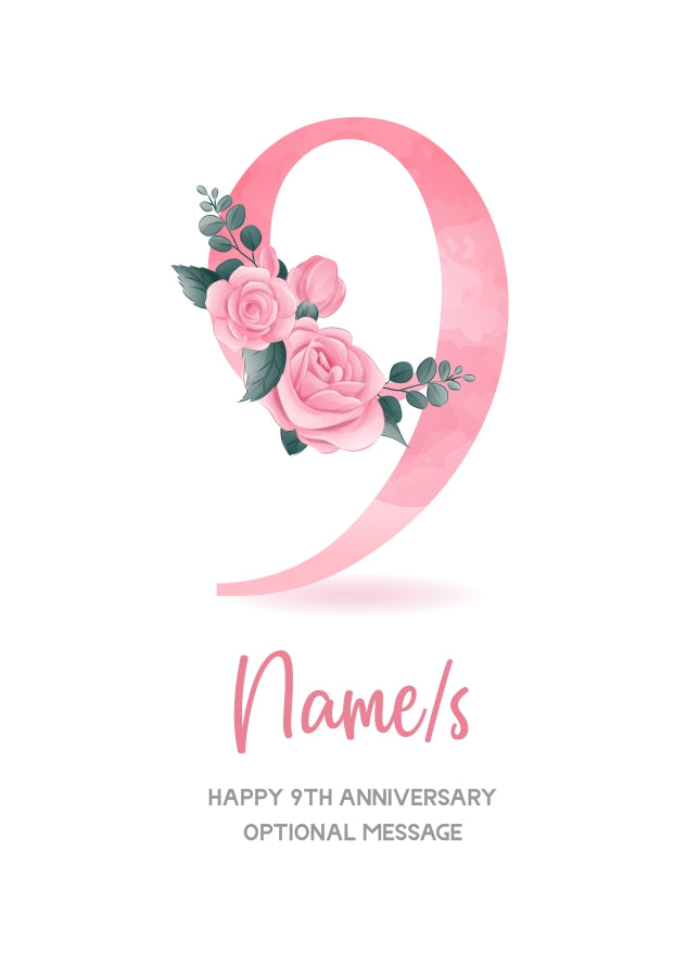 9th Anniversary Card for Wife Husband - Floral Number 9