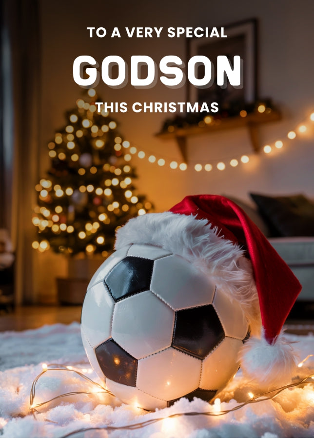Football Christmas Card for Godson - Football with Santa Hat