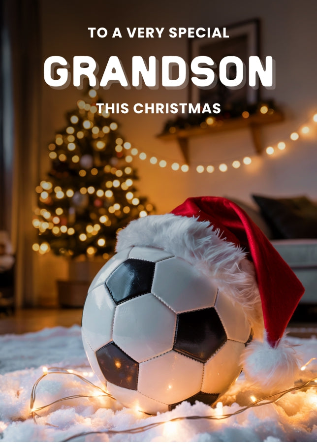 Football Christmas Card for Grandson - Football with Santa Hat