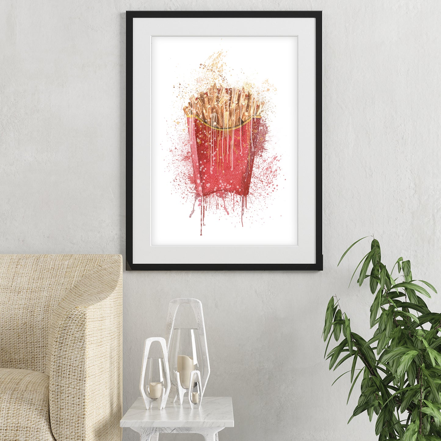 french fries wall art shown in a living room