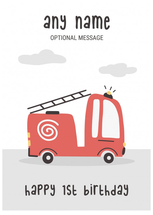 Fun Vehicles 1st Birthday Card for Any Name - Fire Engine