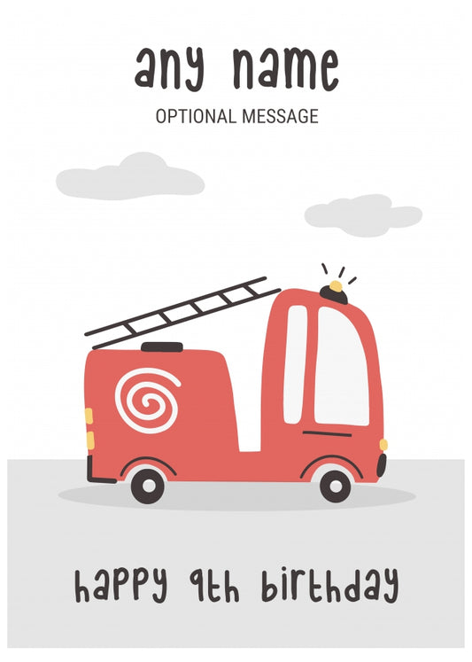 Fun Vehicles 9th Birthday Card for Any Name - Fire Engine