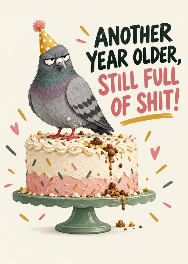 Funny Rude Birthday Card for Him with Pigeon and Cake