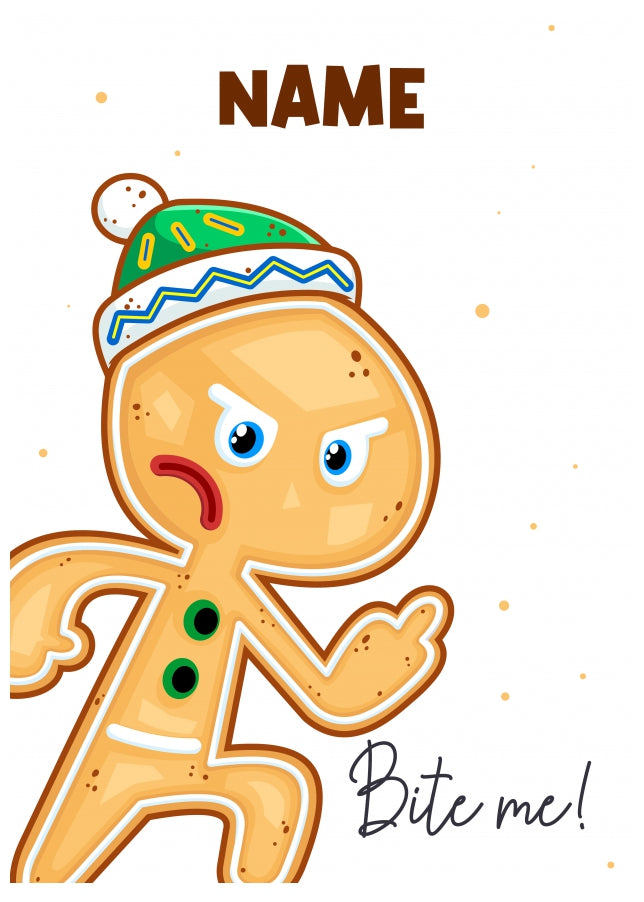 Gingerbread Man Christmas Card for Teens, Friends and Family - Funny Card Bite Me!