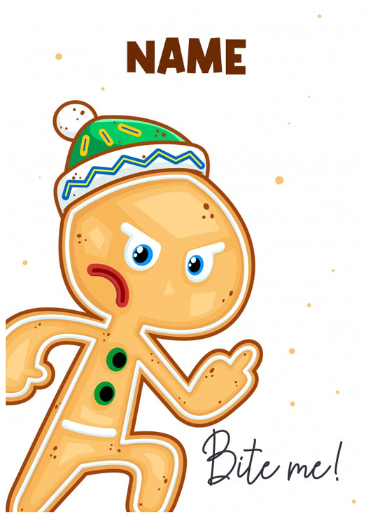 Gingerbread Man Christmas Card for Teens, Friends and Family - Funny Card Bite Me!