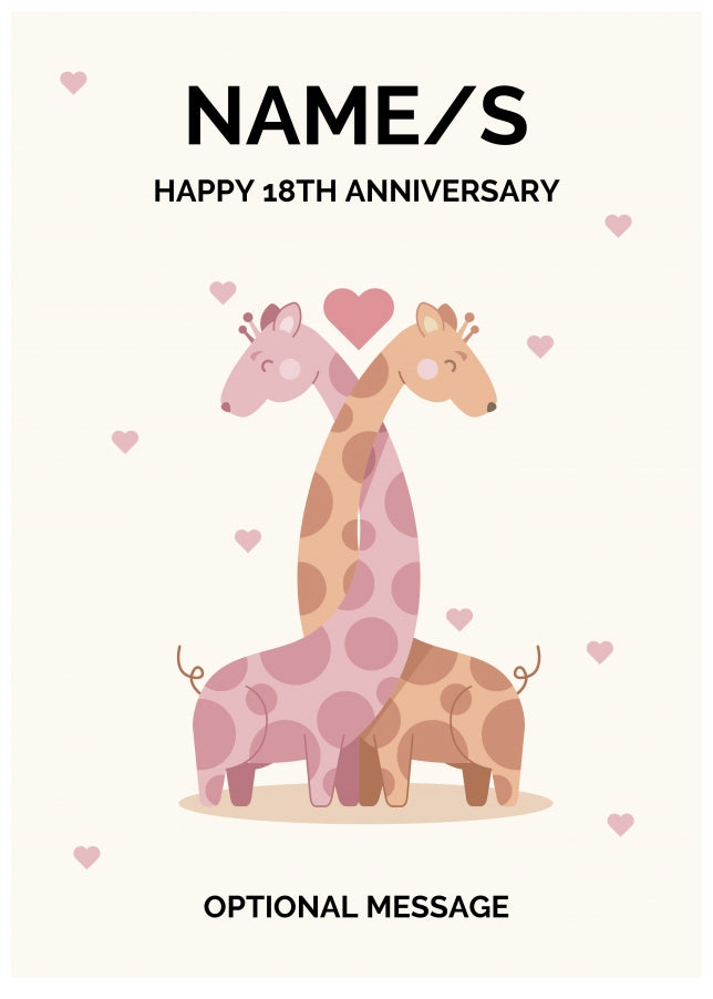 Giraffe 18th Wedding Anniversary Card for Couples