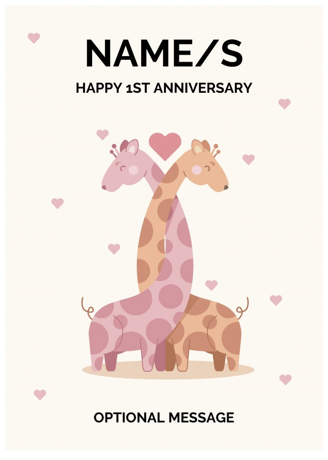 Giraffe 1st Wedding Anniversary Card for Couples