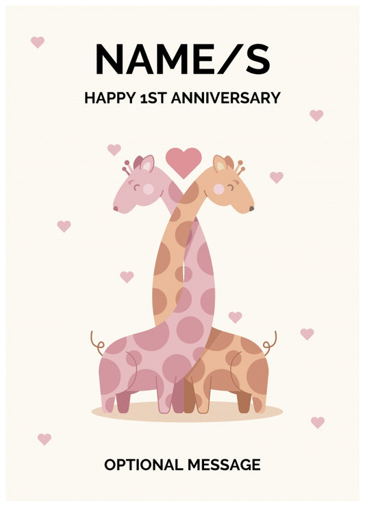 Giraffe 1st Wedding Anniversary Card for Couples