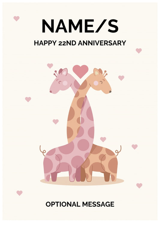 Giraffe 22nd Wedding Anniversary Card for Couples