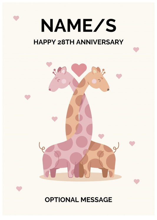 Giraffe 28th Wedding Anniversary Card for Couples