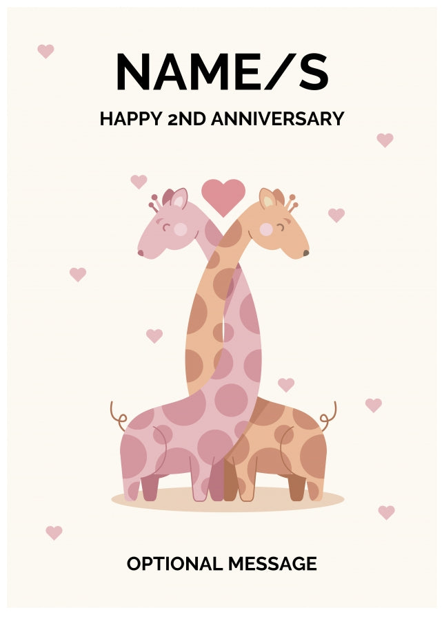 Giraffe 2nd Wedding Anniversary Card for Couples