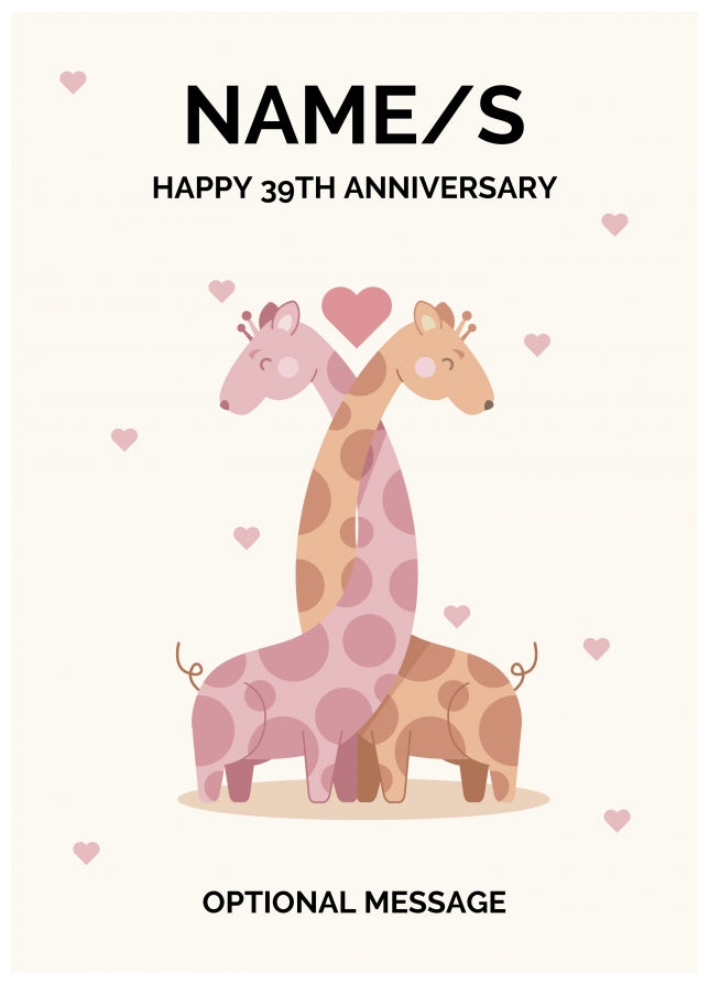Giraffe 39th Wedding Anniversary Card for Couples