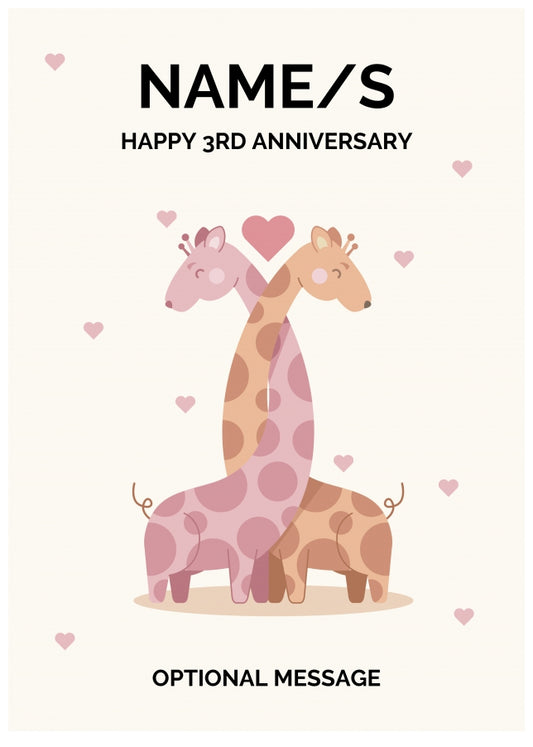 Giraffe 3rd Wedding Anniversary Card for Couples