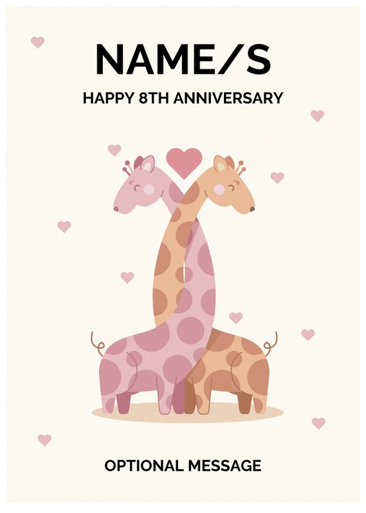 Giraffe 8th Wedding Anniversary Card for Couples